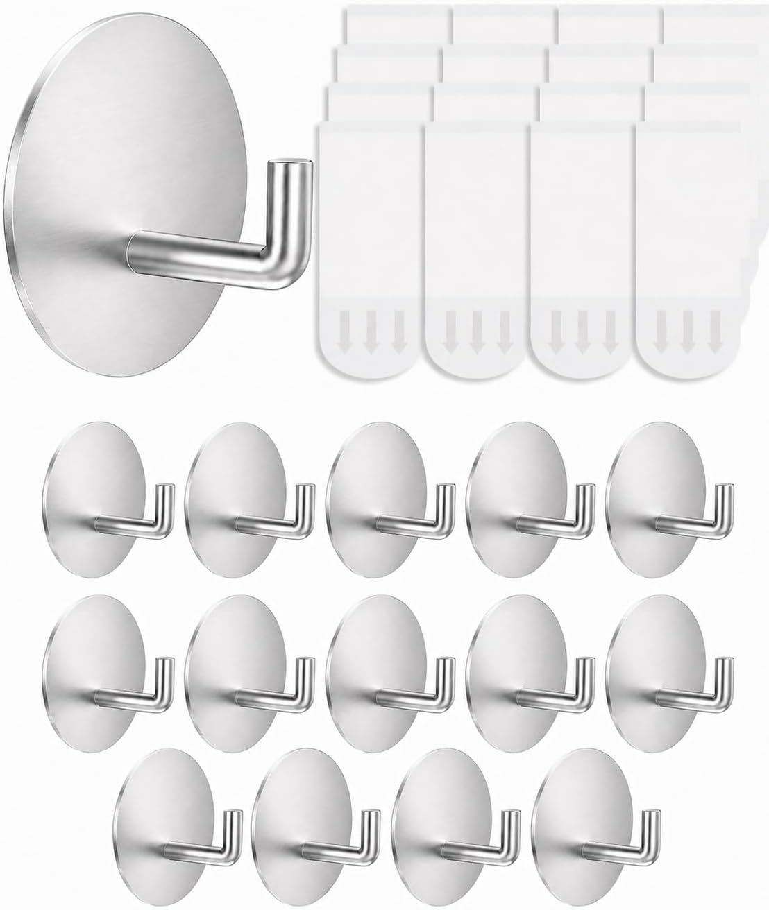 Removable Towel Hooks for Bathrooms, Heavy Duty Adhesive Hooks for Walls No Damage, Silver Home Storage Hooks for Inside Shower, Sticky Hooks for Hanging Robe Coat Loofah Clothes Kitchen 14Pcs Sus304
