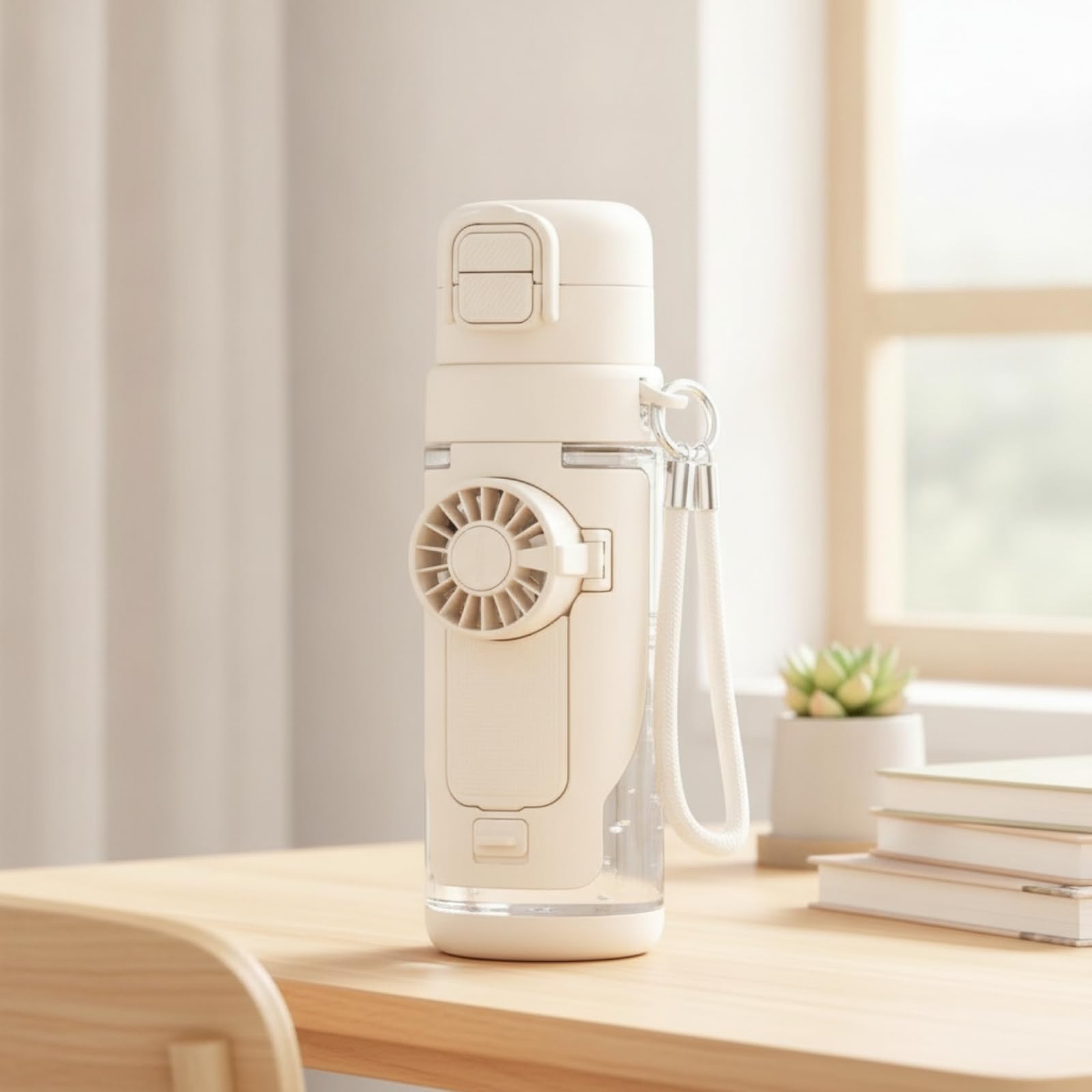 Taza con Ventilador Portátil Taza con Tapa Doble Pitillo Recipien para Niños, Blanco