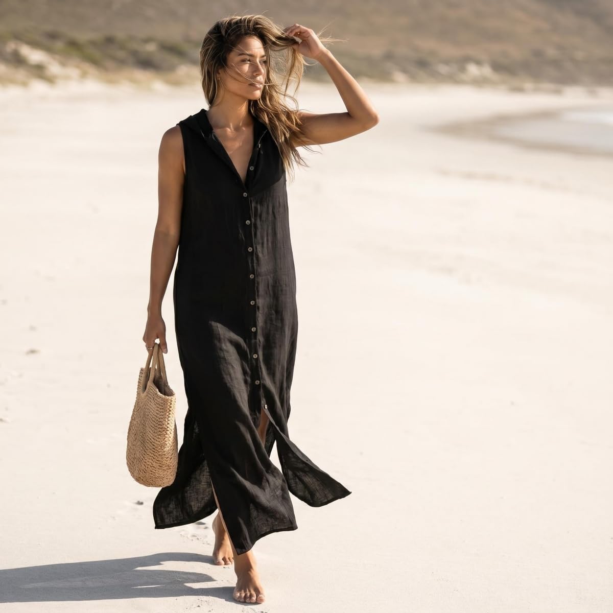 Vestido largo sin mangas con capucha y cuello en V para mujer, vestido camisero suelto con abertura frontal, mezcla de lino, vestido minimalista de verano para la playa