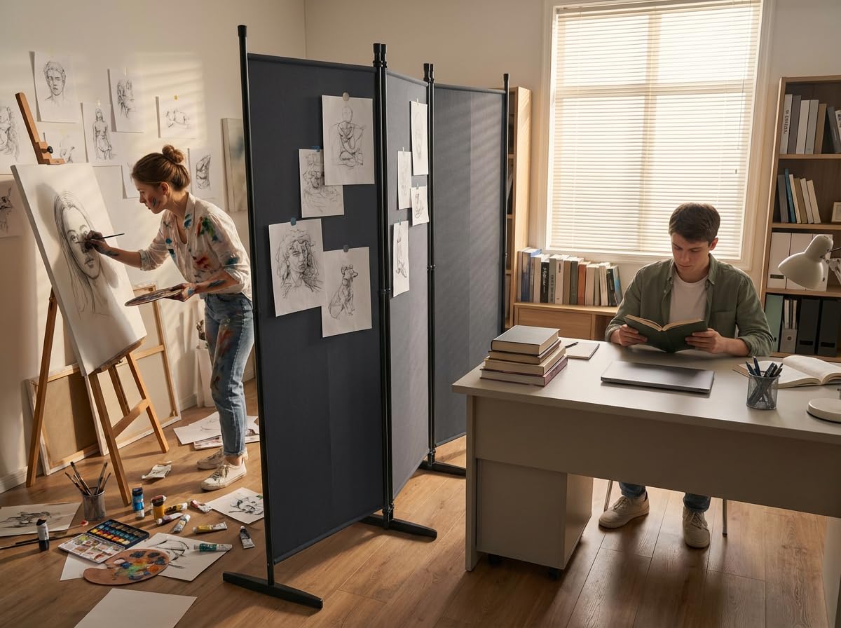 XMTECH Paravent Raumteiler 5-teilig 250x180cm Dunkelgrau Sichtschutz | Faltbare freistehende Trennwand aus Polyester, flexibler Sichtschutz für Wohnzimmer, Schlafzimmer, Büro und Balkon
