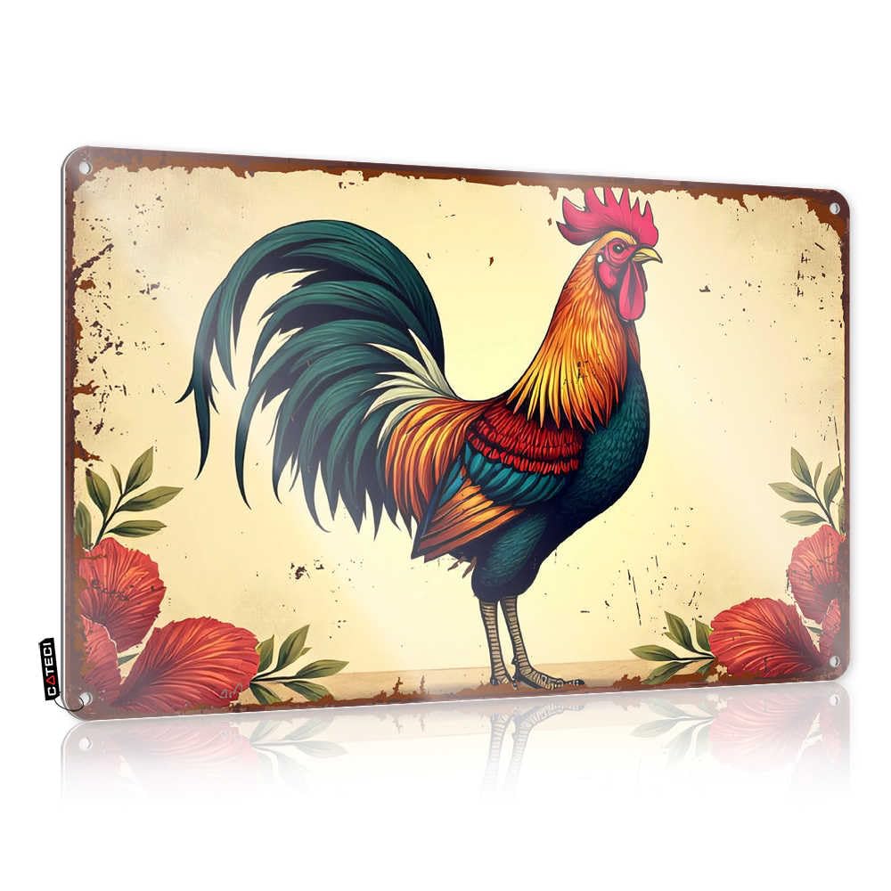 Fzfn Colour Sweet Sign, Patio Decorations Outdoor Collection Vibrant Rooster With Floral Border Illustration | Farmhouse Outhouse Decor(20X30cm)