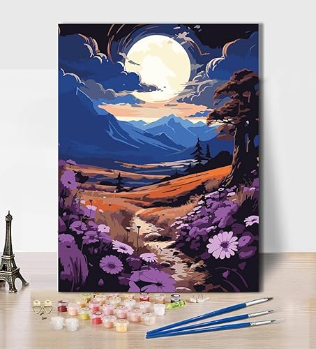 mrpwnle Pintura por números para adultos, pintura de luna por números, acuarela, paisaje por números, para niños, paisaje natural, pintura por
