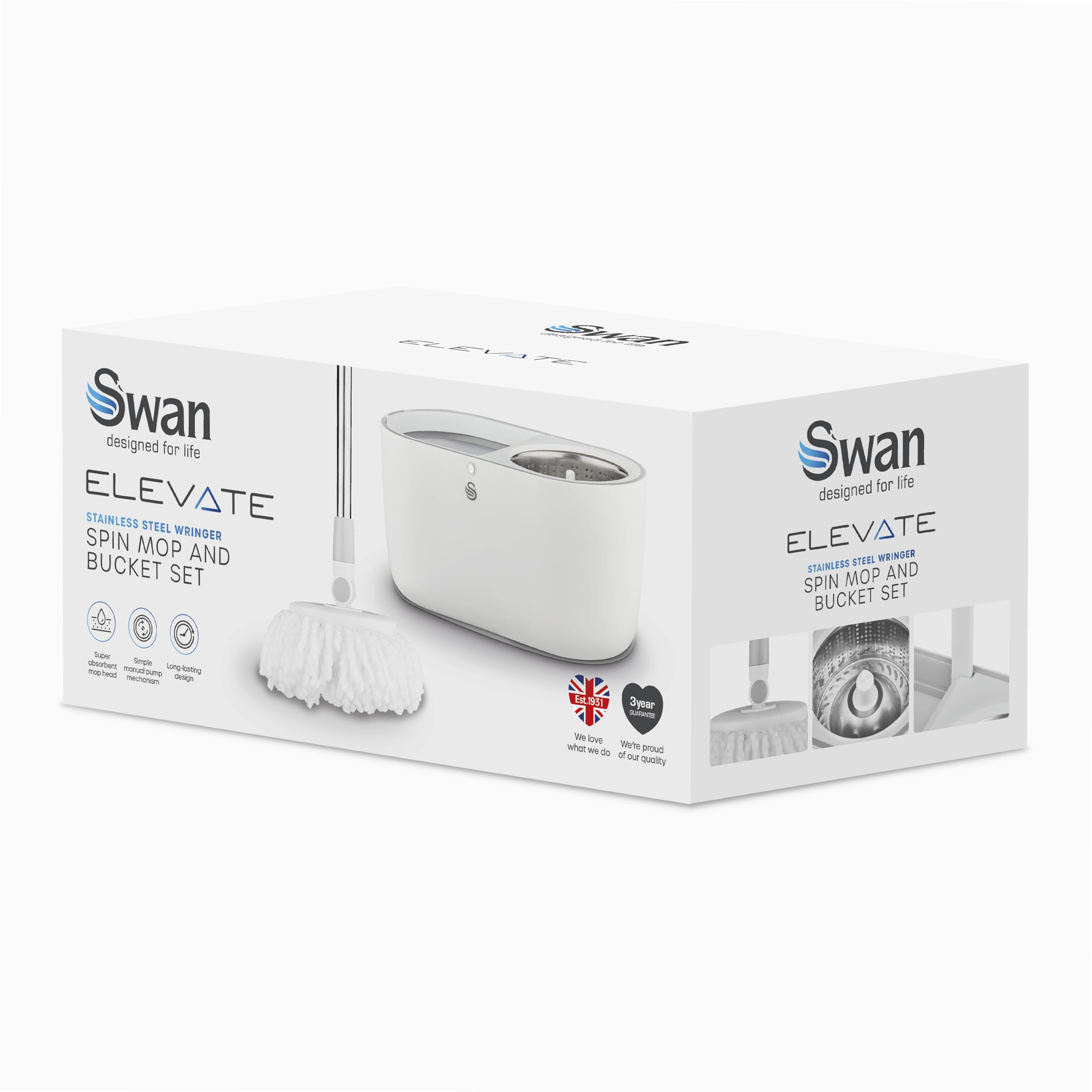 Swan SWFC2011WHTN Elevate Spin Mop e secchio da 5 litri con strizzatore in acciaio inox, testa in microfibra super assorbente, meccanismo a pompa manuale, facile da riporre, bianco