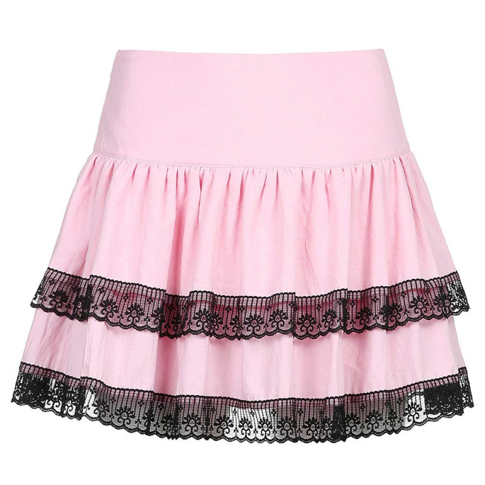 Falda Mujer Mini,Falda Acampanada De Cintura Alta Rosa Doble Capa Patchwork Encaje Kawaii Verano Plisado Falda Corta Dulce Linda con Cremallera para Niñas Damas Playa Fecha De Vacaciones Fiesta