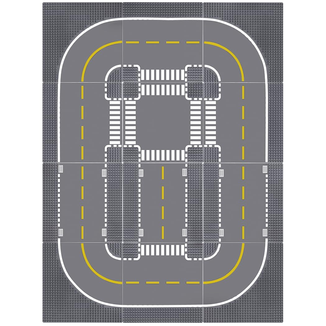 Lekebaby 12 Platten-Set Stadt Strassen Grundplatte, 25.5 * 25.5cm Straßenplatten 100% Kompatibel mit Meisten Marken, 4 Kurve/ 4 T-Kreuzung/ 3 Gerade/1 Kreuzung