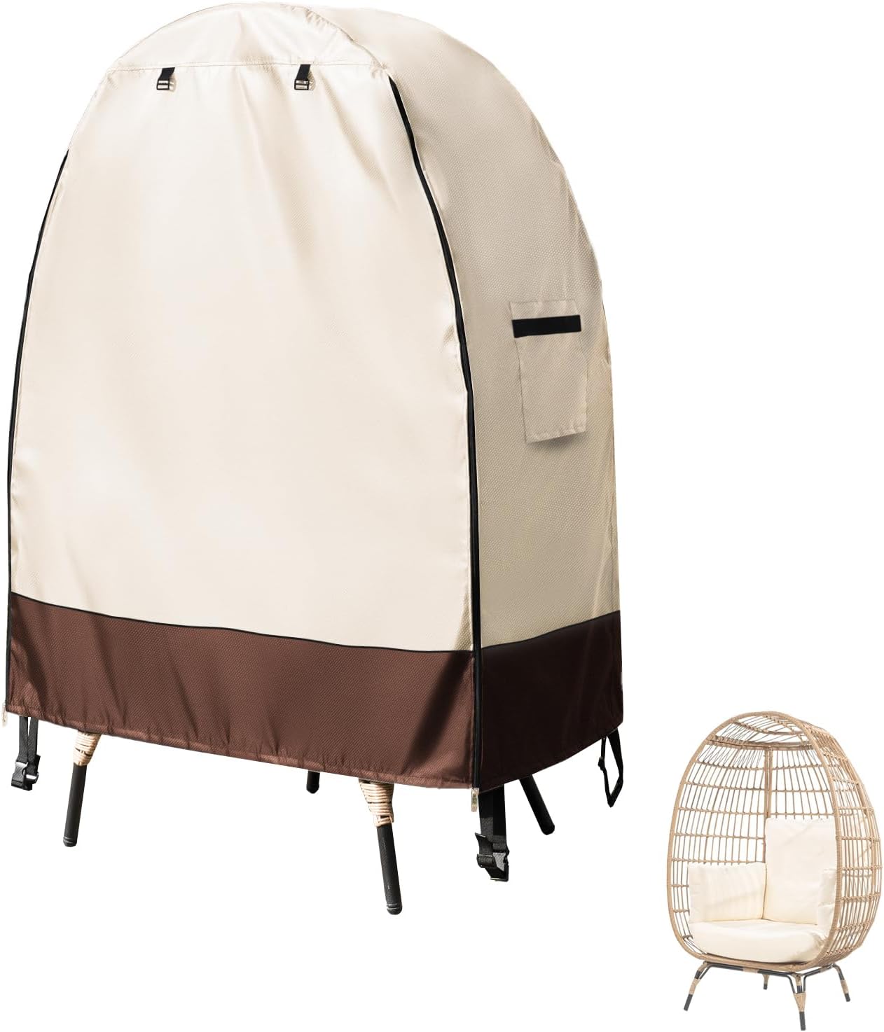 Outdoor Egg Chair Covers, Waterproof Heavy-Duty Oxford Fabric with Zipper & Windproof Straps, Fits 45"L Patio Chairs, Beige & Brown
