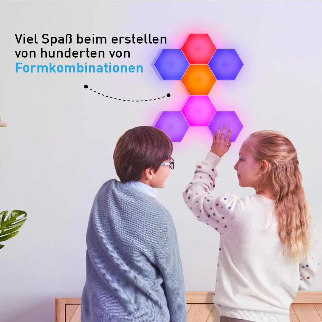 Emberela HEXlights 7er-Pack Hexagon Lichter - LED Lichtpaneele für Wand oder Tisch - Berührungs- & Fernbedienungsgesteuert - Dekor für Gaming Zimmer - Sehr geeignet für Kinder mit Autismus