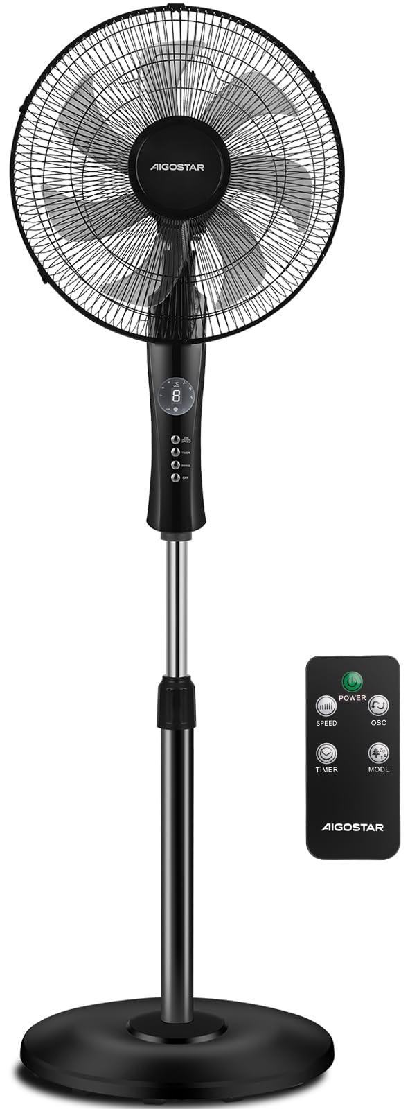Aigostar Ventilatore a Piantana Potente da 55W con Telecomando, 7 Pale Ventilatore Silenzioso, 3 Modalità e 3 Velocità, Oscillazione 70°, Altezza Regolabile fino a 140 cm, Base Rotonda, Nero