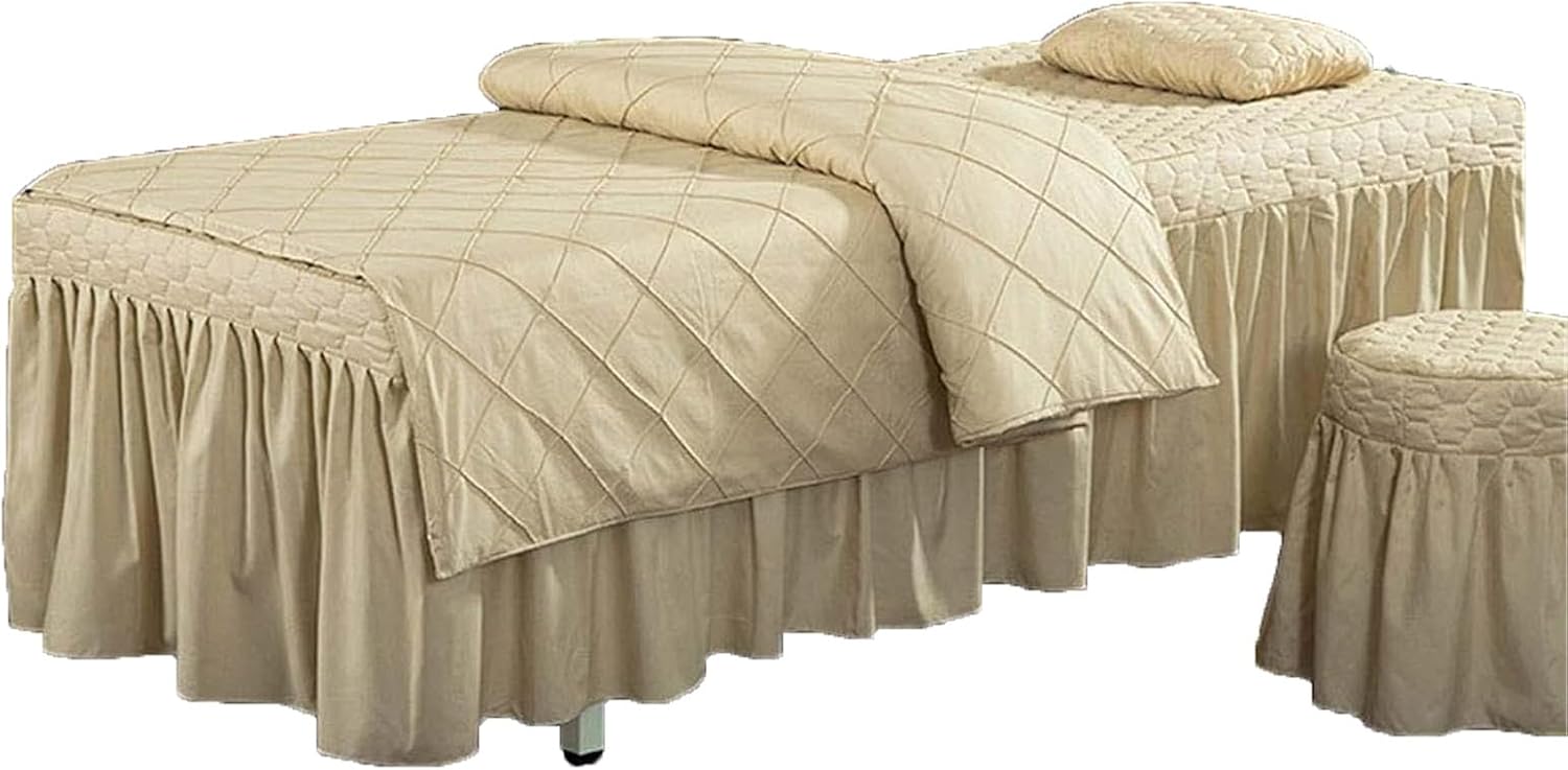 4pcs Beauty Salon Bedding Set, Massage Table Skirt Spa Bed Cover, Salon Bed Cover Machine Washable Massage Table Skirt for Body Physiotherapy Massage(Beige,Square Head 80 * 190cm)