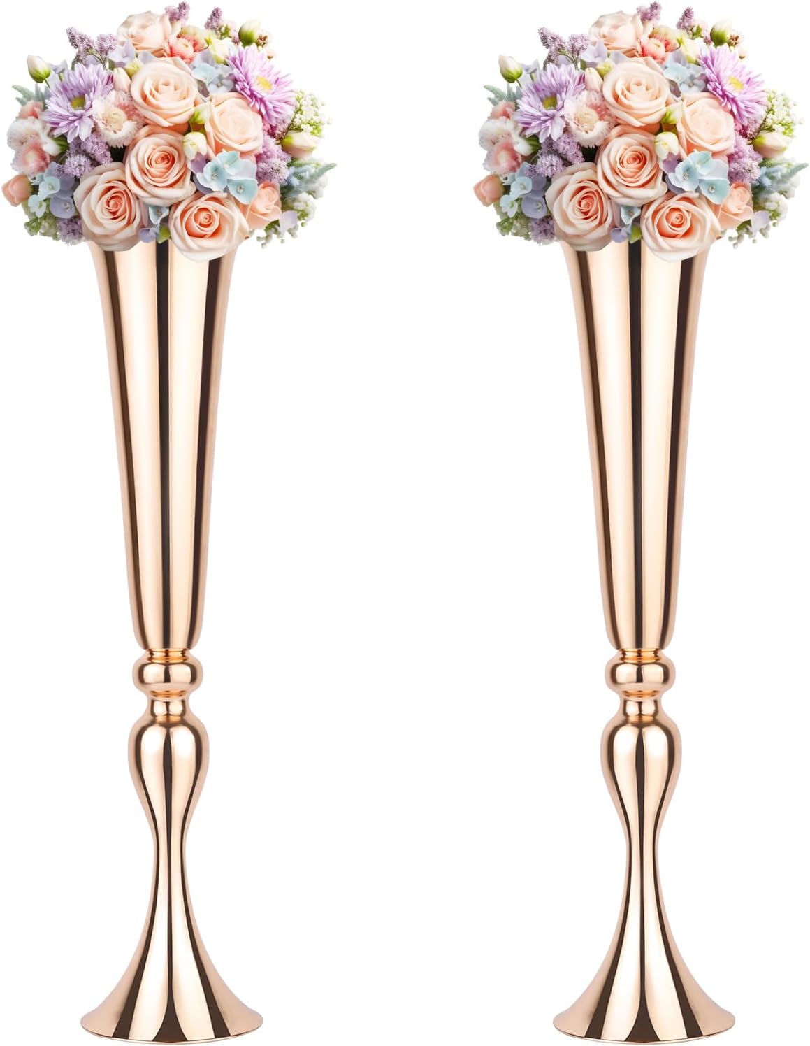 2 Set Rose Gold Vases Centerpieces for Table, Mjkeomo Trumpet Vases 21.9'' Tall Rose Gold Vase for Centerpieces, Table Centerpieces for Party Event, Christmas, Wedding, Valentine's Day