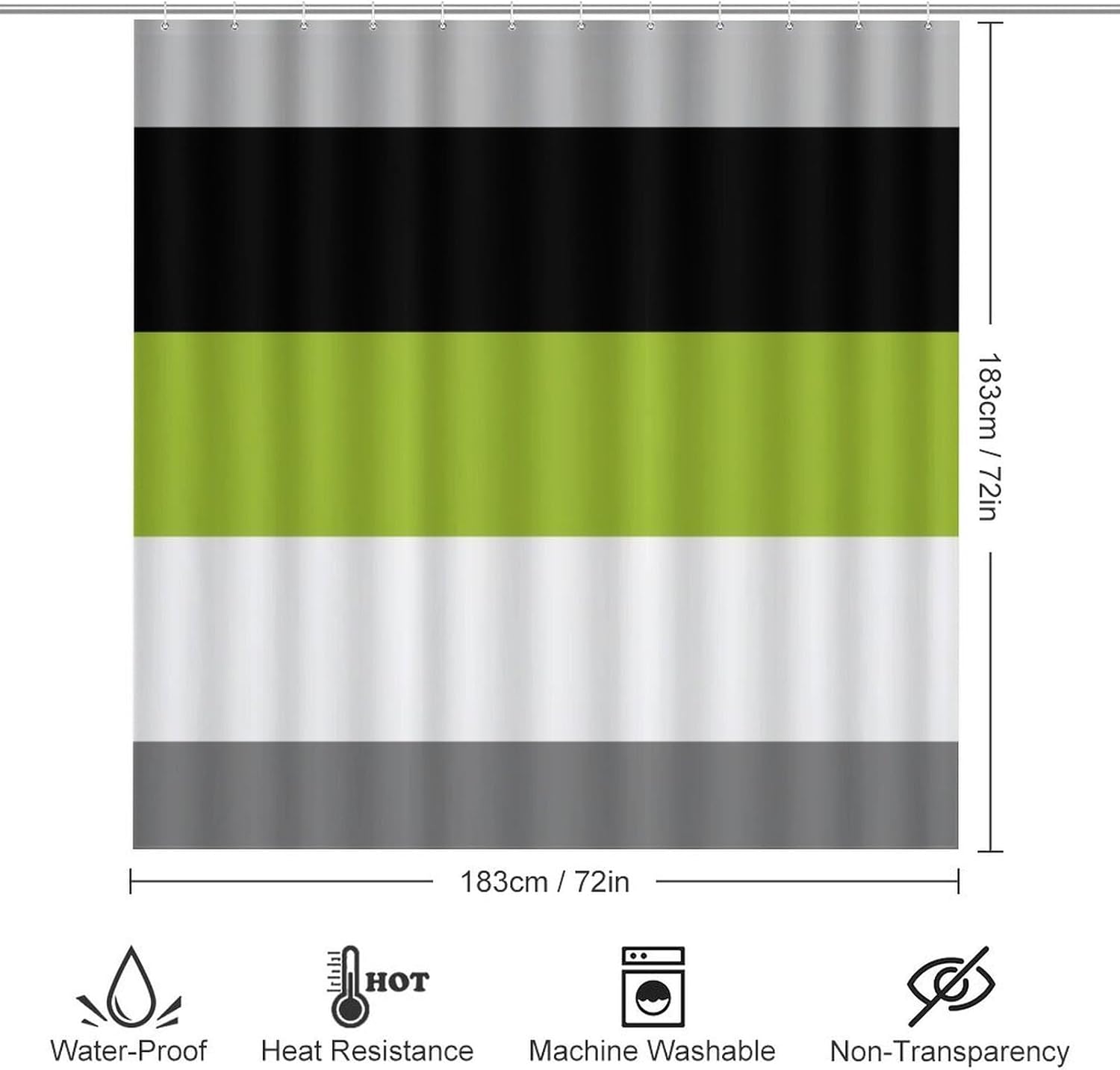 4Pcs Shower Curtain Sets, Lime Green, Gray, Black, and White Bathroom Sets with Non-Slip Bath Rugs, Toilet Lid Cover & U Shape Mat, Waterproof Shower Curtain with 12 Hooks, 72"x72"