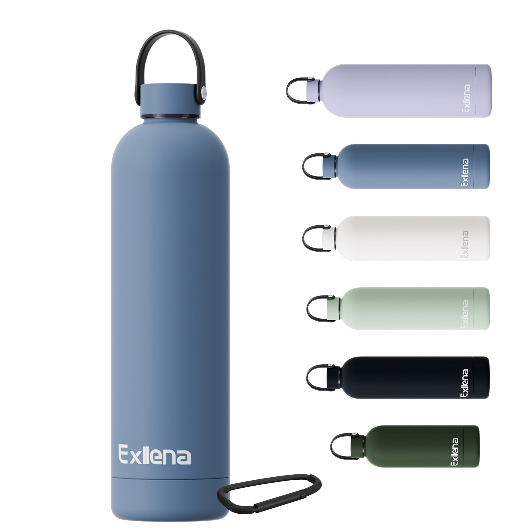 Exllena Borraccia Termica 1 Litro con Maniglia e Moschettone - Bottiglia Termica 1 Litro Mantenere Calore/Freddo - Senza BPA - 100% A Tenuta Stagna per Escursioni, Campeggio, Viaggi...(Blu Balena)