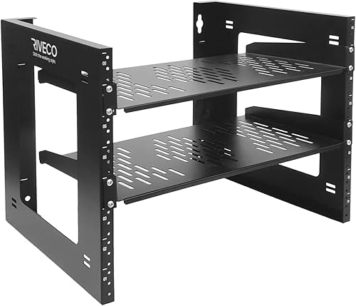 RIVECO Estante de montaje en pared y piso de 8U + 2 estantes voladizos de 9.843 in de profundidad