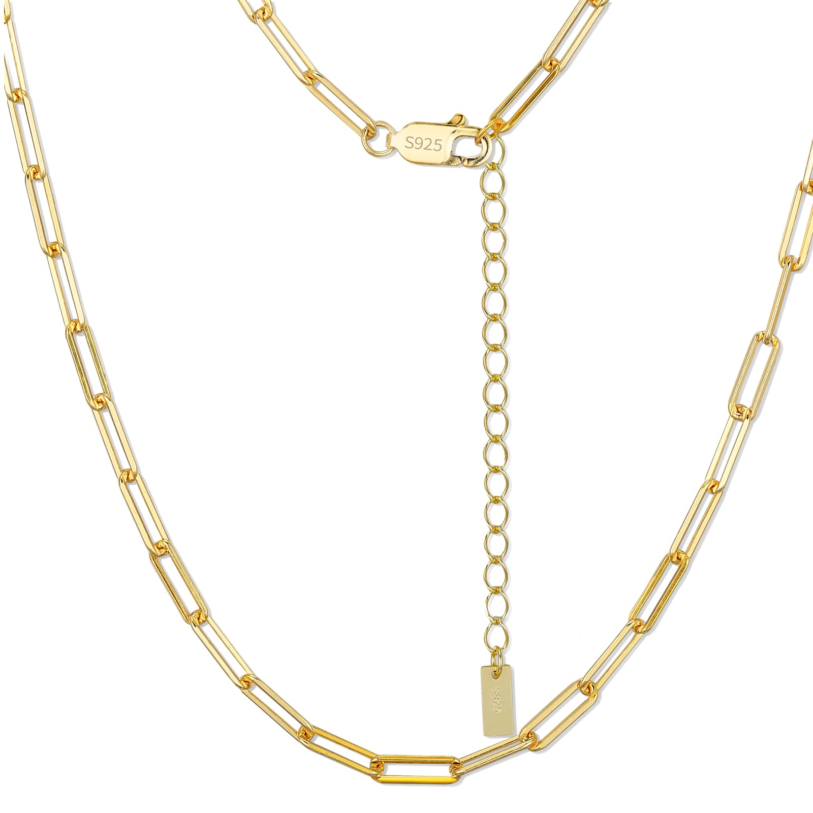 SugarTang Gold Paperclip Necklace for Women, 1.8/2.2/3.0/4.5mm Wide S925 Sterling Silver Paperclip Chain, Adjustable Gold Necklace Chain for Men