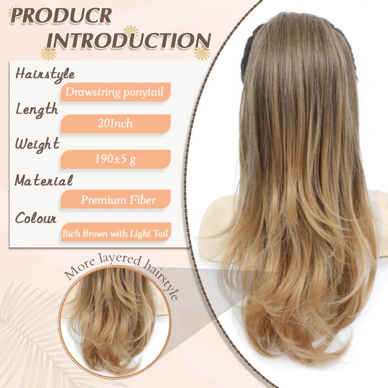Nexyshe Ponytail Extensions Drawstring Ponytails Hair Extensions 20inch Wavy High Layered Pony Tail Hair Pieces for Women Big Base Hair Ponytail Extension for Ladies - Image 2