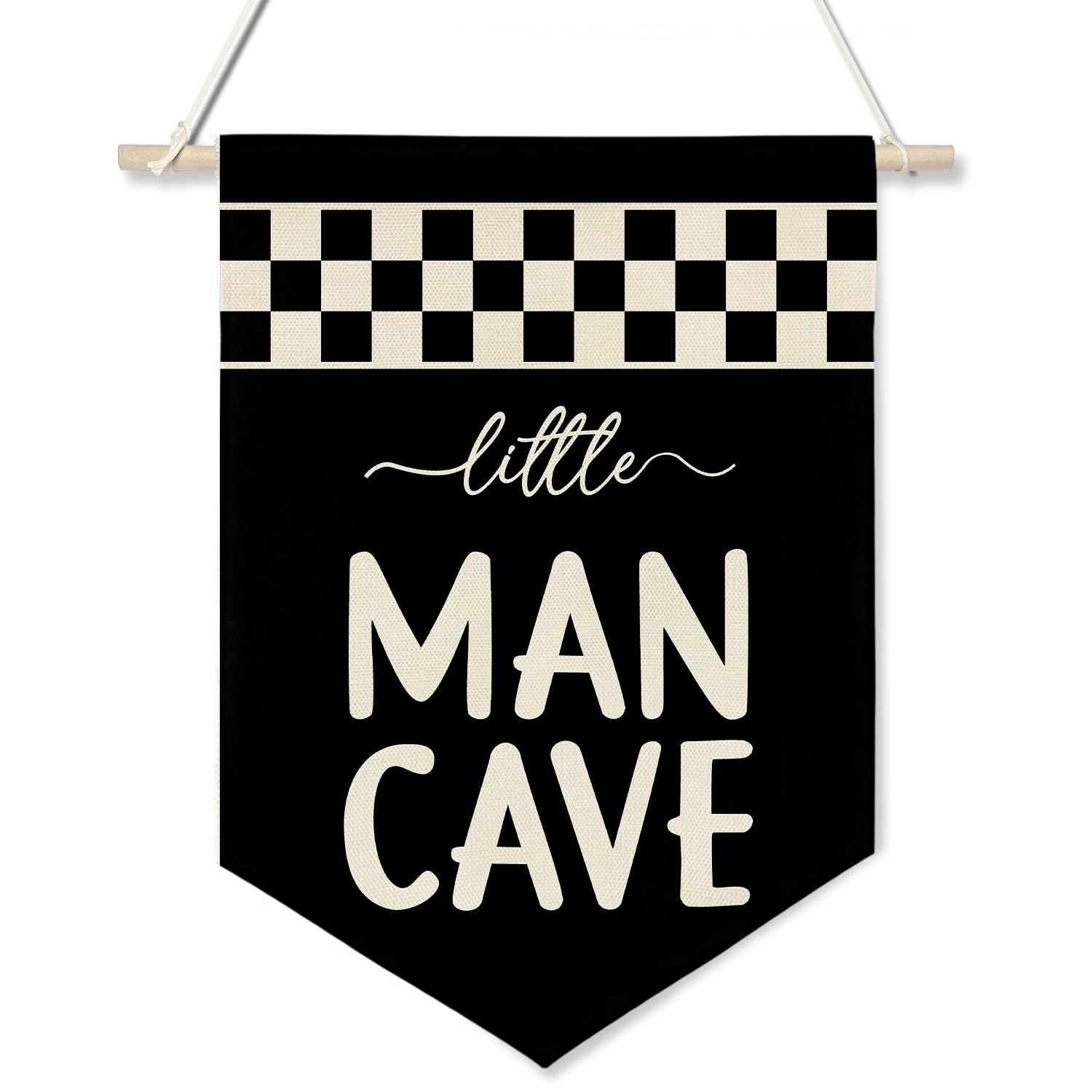 Little Man Cave Wall Banner for Boys Room – Black & White Checkered Canvas Wall Hanging Sign for Kids Playroom, Toddler Bedroom Decor, Cool Poster Gift for Son or Grandson 11x16 inch(KD25)