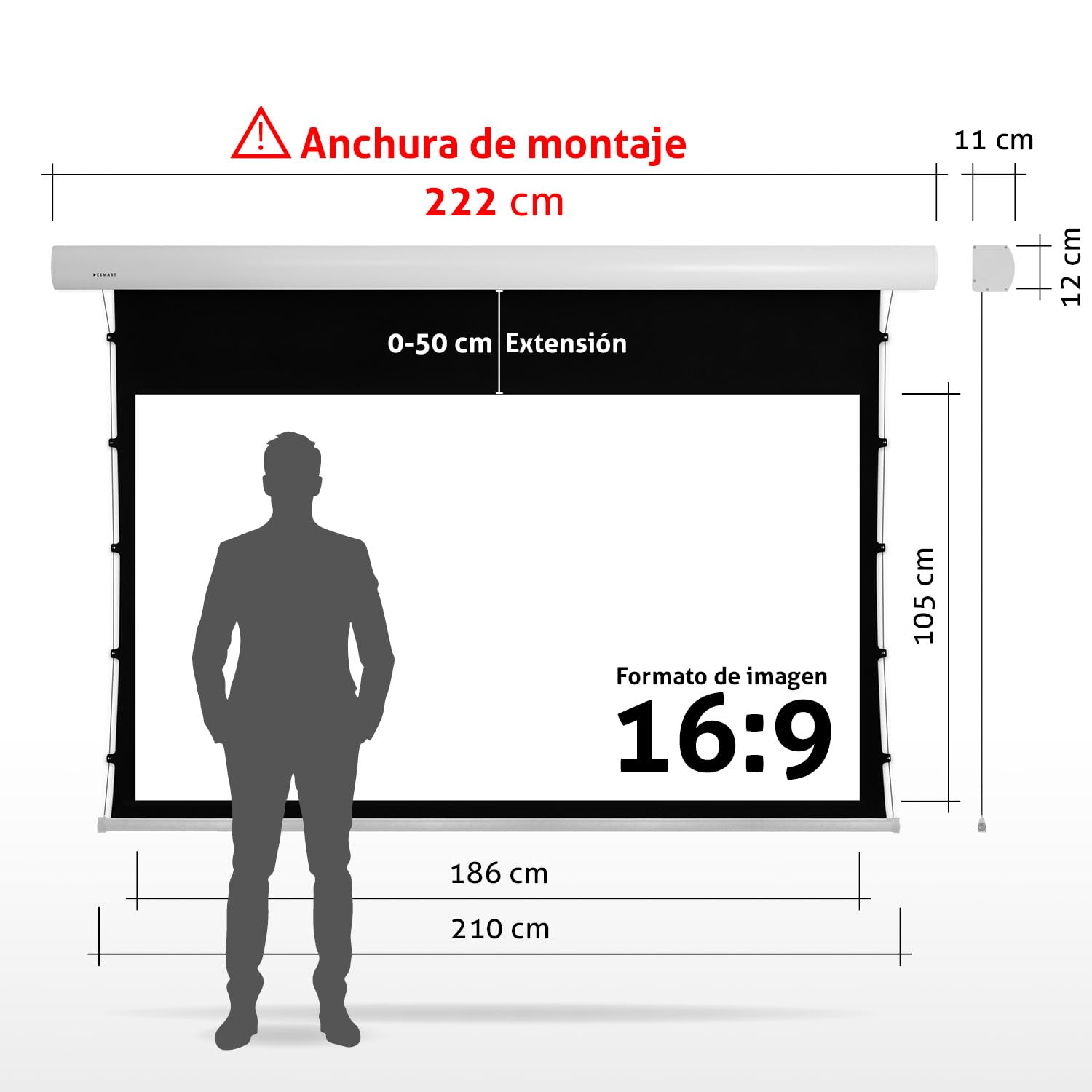 ESMART Expert XTS Pantalla tensada, Ancho Total 222 cm, Tela: Blanca | Área de proyección 186 × 105 cm, formato 16:9, tela blanca para cine en casa y presentaciones, mando a distancia