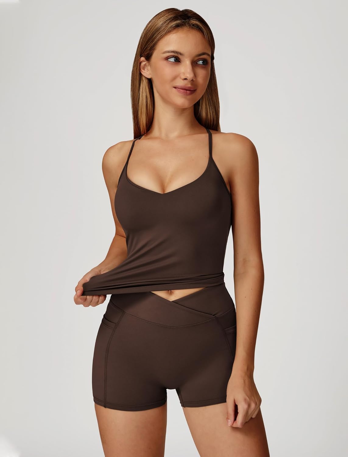 Women 2 Piece Workout Sets Padded Criss Cross Back Crop Tank Tops Tummy Control Biker Shorts Yoga Outfits with Pocket - Image 3