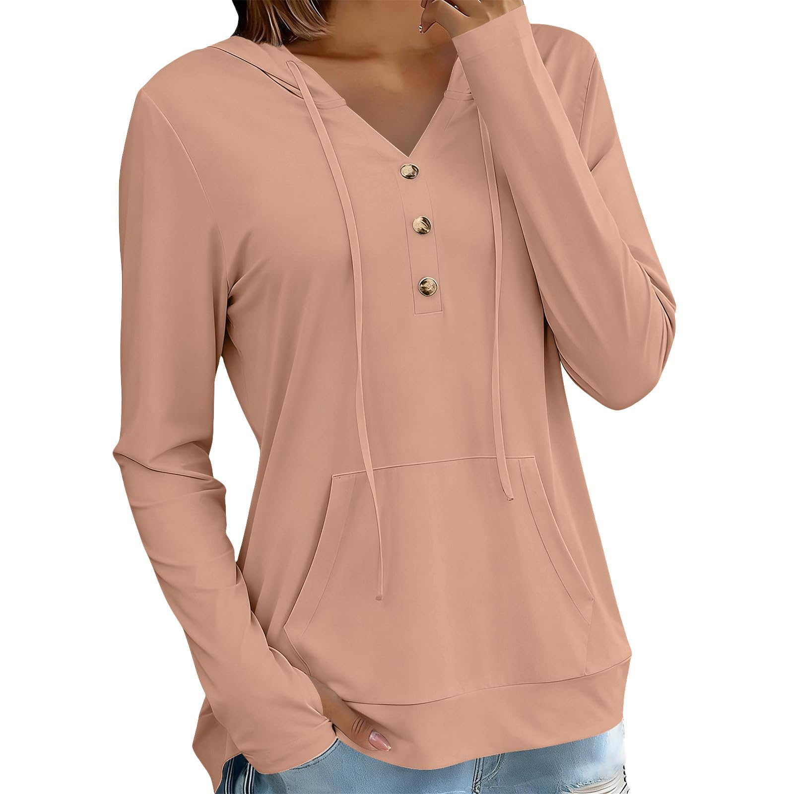 Sonnenschutz Hoodie Damen Sommer Dünne Sweatshirt mit Kapuze Knöpfe V-Ausschnitt Kapuzenpullover Schnelltrocknend Langarmshirt Locker Hoody Oberteile Leichte Langarm Sportshirt Casual Strand Top