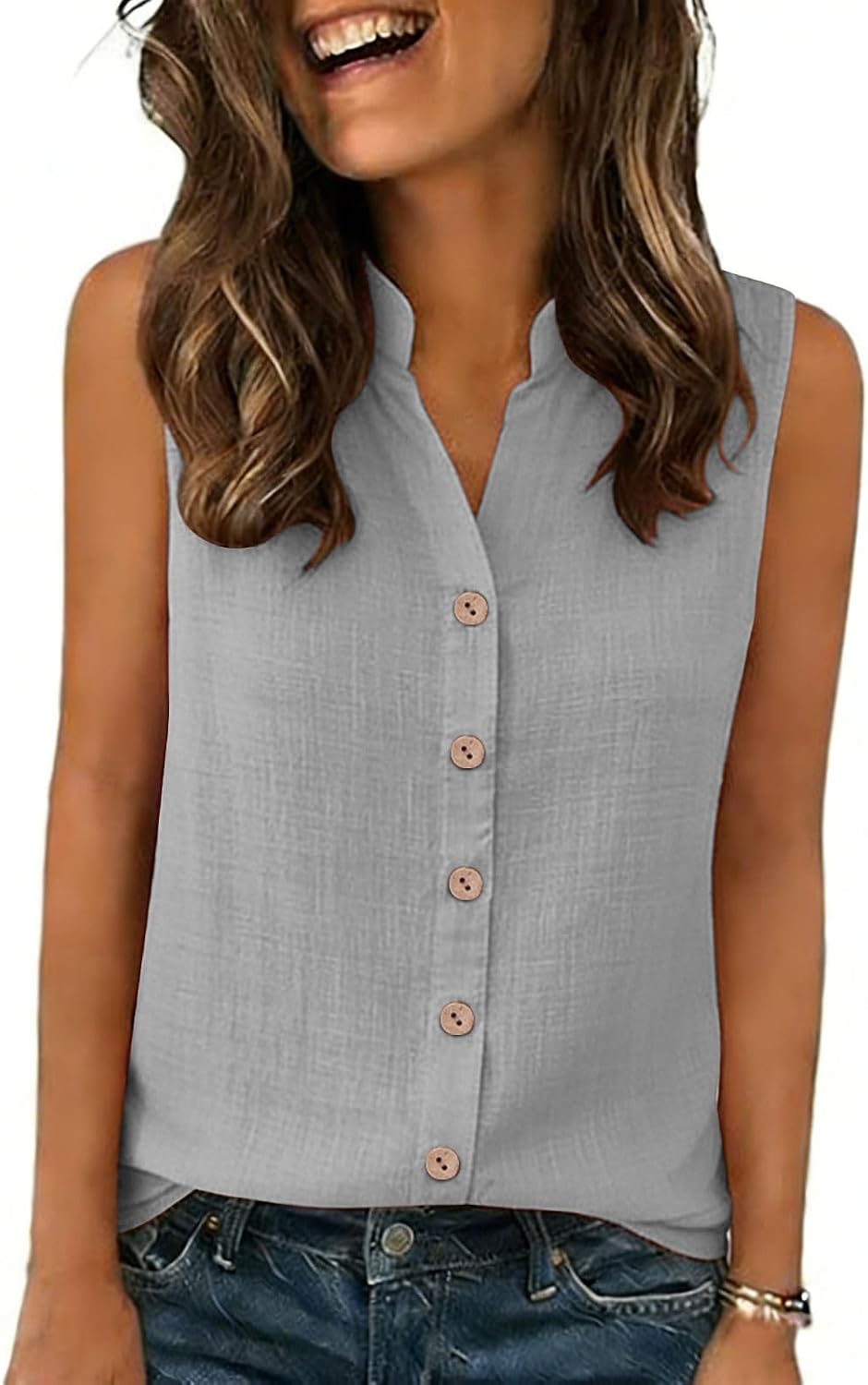 Womens Tank Tops Summer Fashion Solid Color Button Down V-Neck Sleeveless Loose Comfy Beach Casual Vest Blouse Top