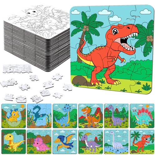 Realspring 24 Pack Dinosaur Color Your Own Jigsaw Puzzles for Kids Ages 3-5 4-6 6-8 Coloring Crafts DIY Paper Puzzles Party Favors Gifts for Toddler Children Learning & Education Toys