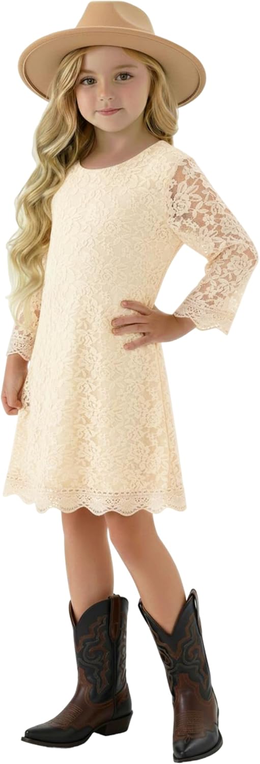 2Bunnies Girl Vintage Lace Scalloped Trim Boho Rustic Country Baptism Flower Girl Dress