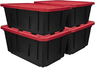 4 Pack, 27 Gallon Large Storage Bin, Plastic Storage Container with Stackable Snap-On Lid, Black and Red