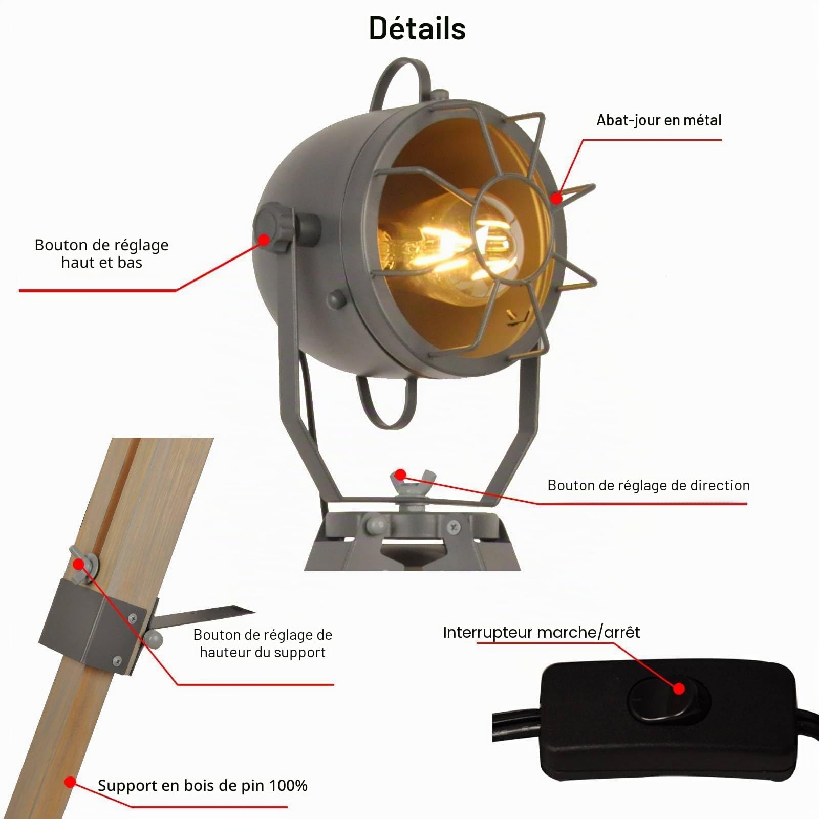 B·LED BARCELONA LED BarcelonaLED Lampe de Table Trépied Hauteur Réglable en Bois Design Vintage Industriel avec Projecteur Orientable Gris Culot E27 pour Chambre Tête de Lit Salon Studio