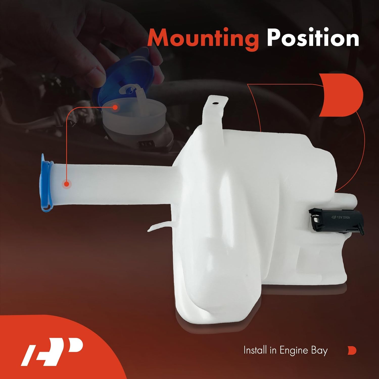 A-Premium Windshield Washer Reservoir Compatible with Select Mitsubishi Models - Mirage 1997-2002, with (Washer Pump/Filler Neck/Cap/Hose/Bracket)