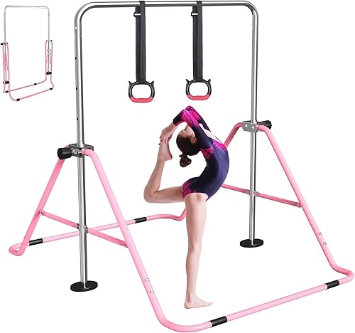Miniatura 32 de FBSPORT Barra de gimnasia para niños con anillos, barras horizontales de gimnasia de altura ajustable, barra de entrenamiento junior, barras Verde