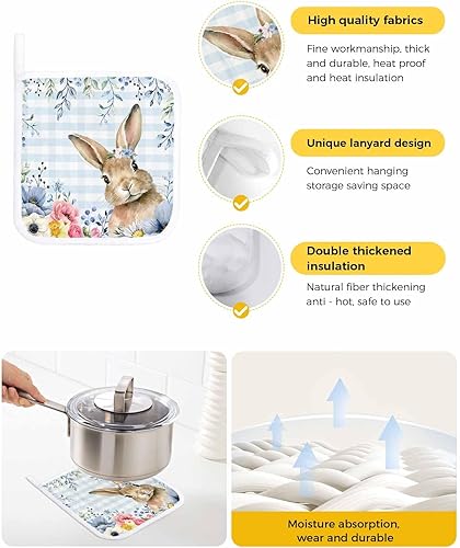 Miniatura 2 de 3 Packs Blue Easter Plaid Pot Holders Sets for Kitchen,Oven Pan Plate Bowl Pads Heat Proof Mat with Hanging Loop,Terry Cloth Potholders Soft Grip