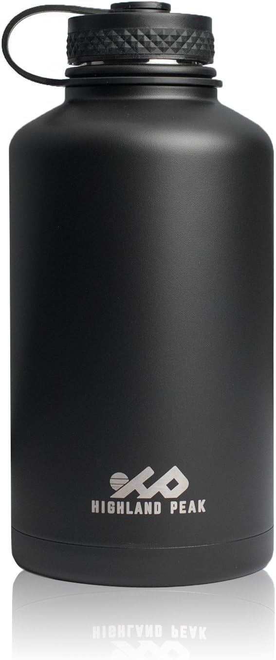 Highland Peak 64 oz Stainless Steel Insulated Water Bottle and Beer Growler Wide Mouth Canteen - Hot and Cold - BPA Free Metal Thermos Flask