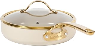 Bloomhouse - Two Time Oprah's Favorite Things Winner - 10 Inch Heavy Duty Aluminum Premium PFA Free Ceramic Nonstick Saute/Deep Frying Pan Skillet with Lid - Almond Cream w/Gold Handle