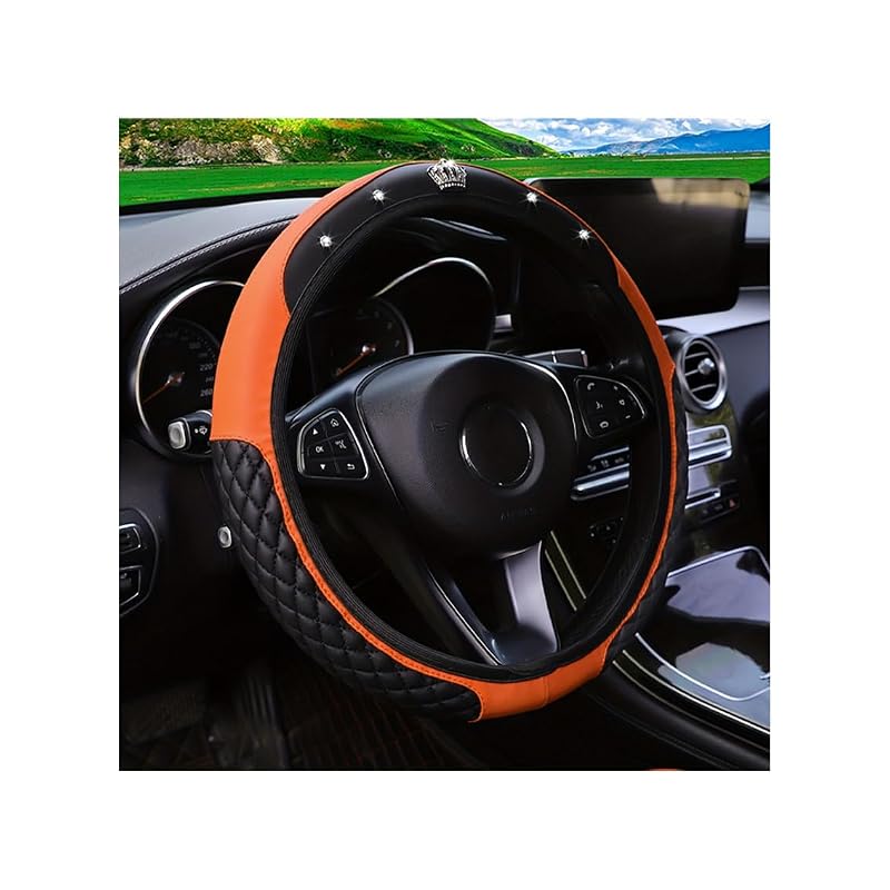 Capa para volante com cristais Couslcd, couro, laranja, Estilo A, para volantes de 36,8 a 38,1 cm