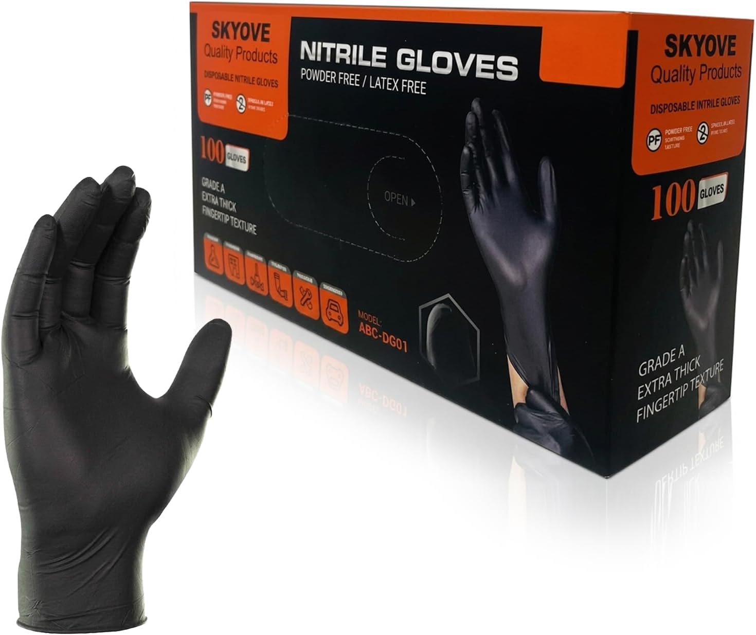 SKYOVE 5 mil Nitrile Disposable Gloves, 100 Count, Heavy Duty Industrial Grade, Textured Grip, Latex Free, Hygiene, Black