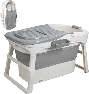 Portable Bathtub for Adults, 44.5" Folding Bathtub with Thermal Cover & Massage Roller, Freestanding Surround Collapsible Tub, Soaking Baths Hot SPA Tub (Grey, 110cm)