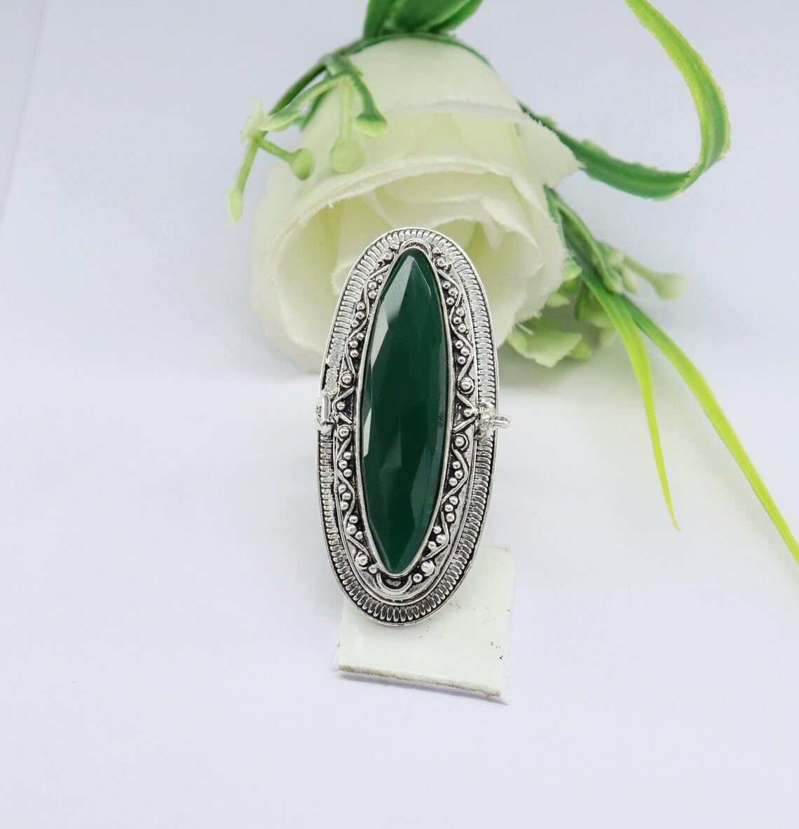 Vintage Poison Ring - 925 Sterling Silver Long Green Onyx Marquis Locket Pill Box Ring, Handmade Antique-Inspired Secret Compartment Jewelry for Women, Unique Gothic Aesthetic Accessory