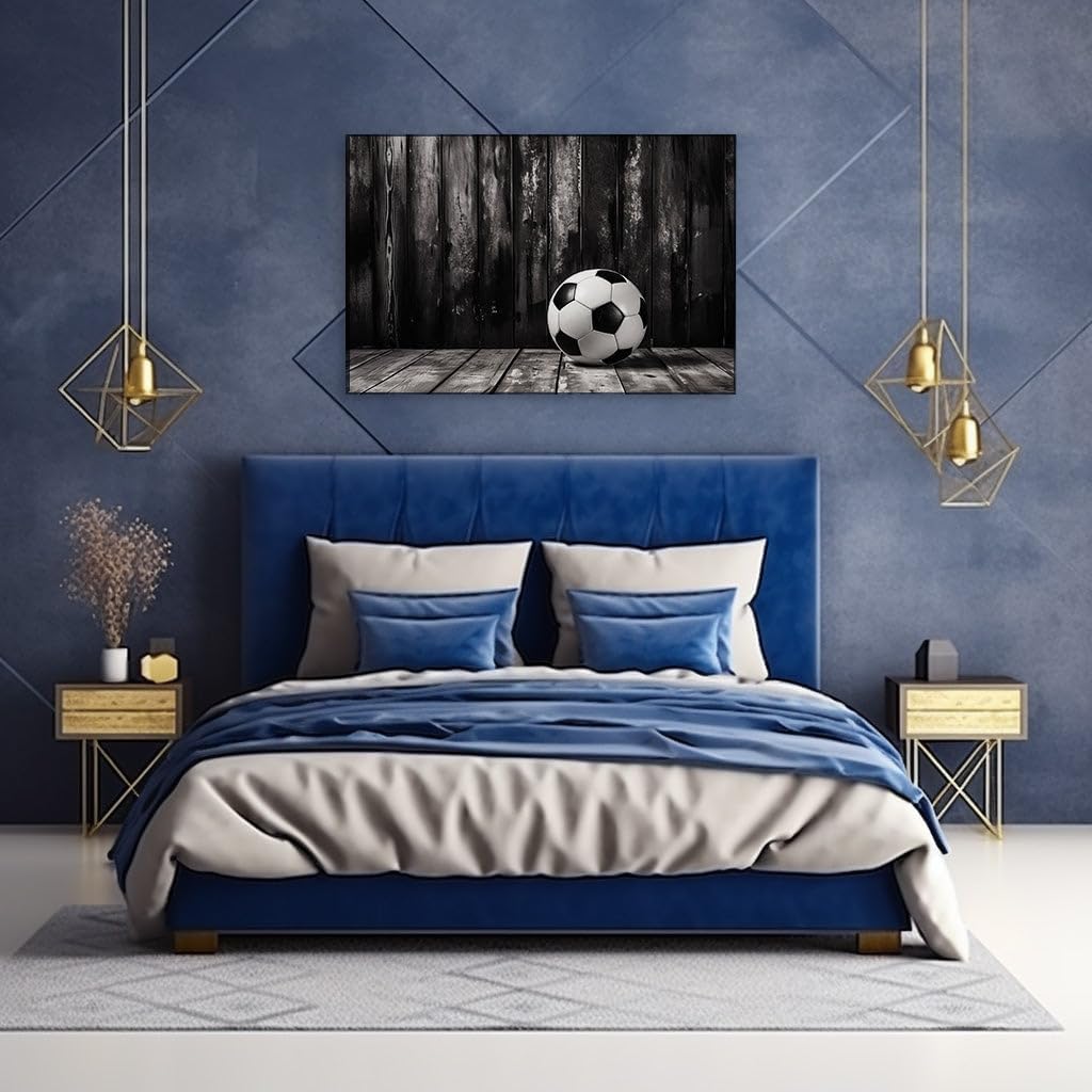 Canvas for Living room. Monochrome Mastery: The Timeless Soccer Ball Against a Wooden Tapestry, 27 x 18 inch Canvas Wall Art - Modern Home Decor
