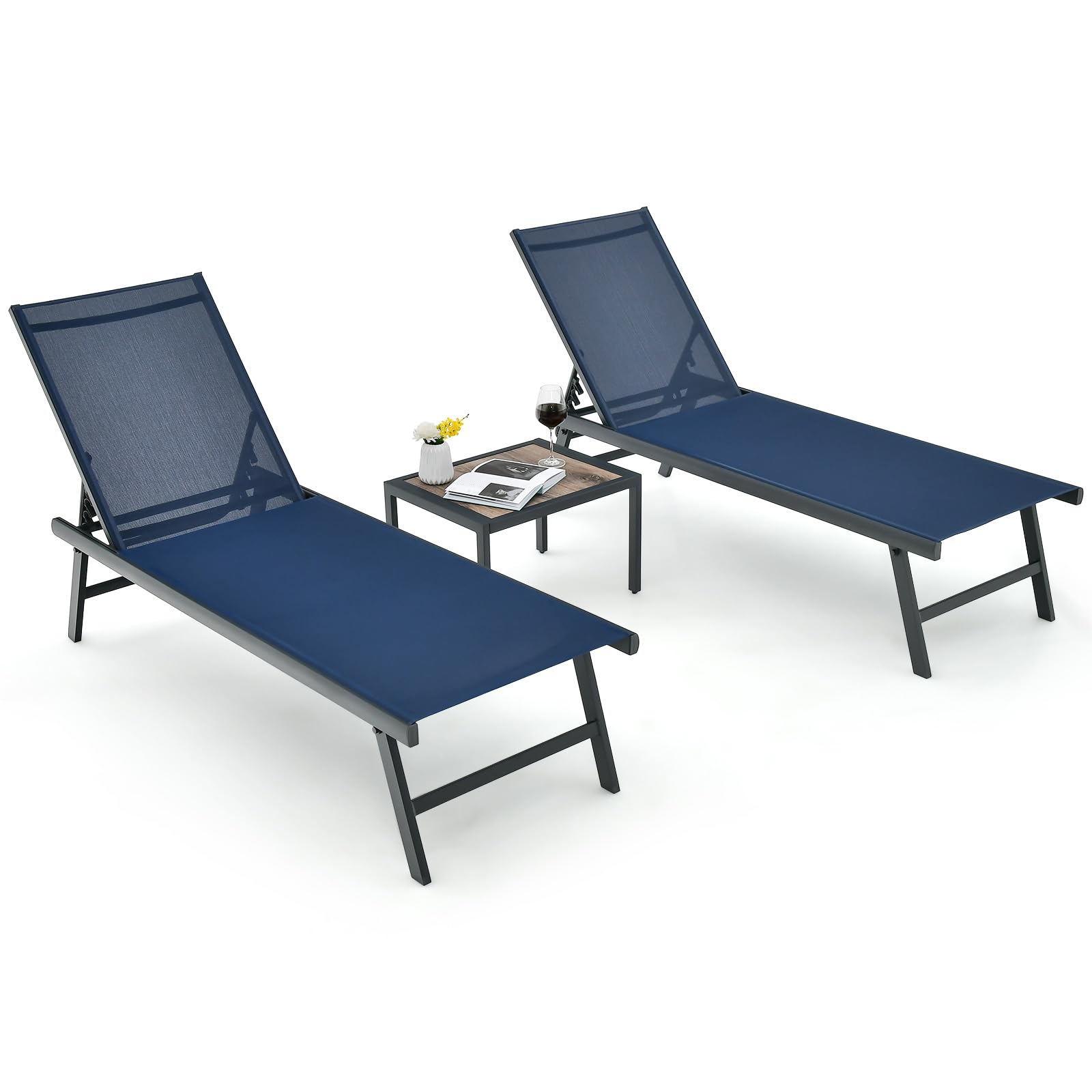 Tangkula 3 Piece Patio Chaise Lounge Set, Aluminum Patio Recliner with Coffee Table, 6-Level Backrest Adjustment, Outdoor Lounge Chair & Side Table