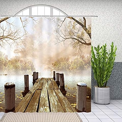 Yadshoti Landscape Shower Curtains Old Wooden Jetty on a Lake and Foggy Forest in Distance Wooden Plank Road Tree Natural Scenery Bathroom Decor Cloth Hanging Curtain Set 70 x 70 Inch with Hooks Cover