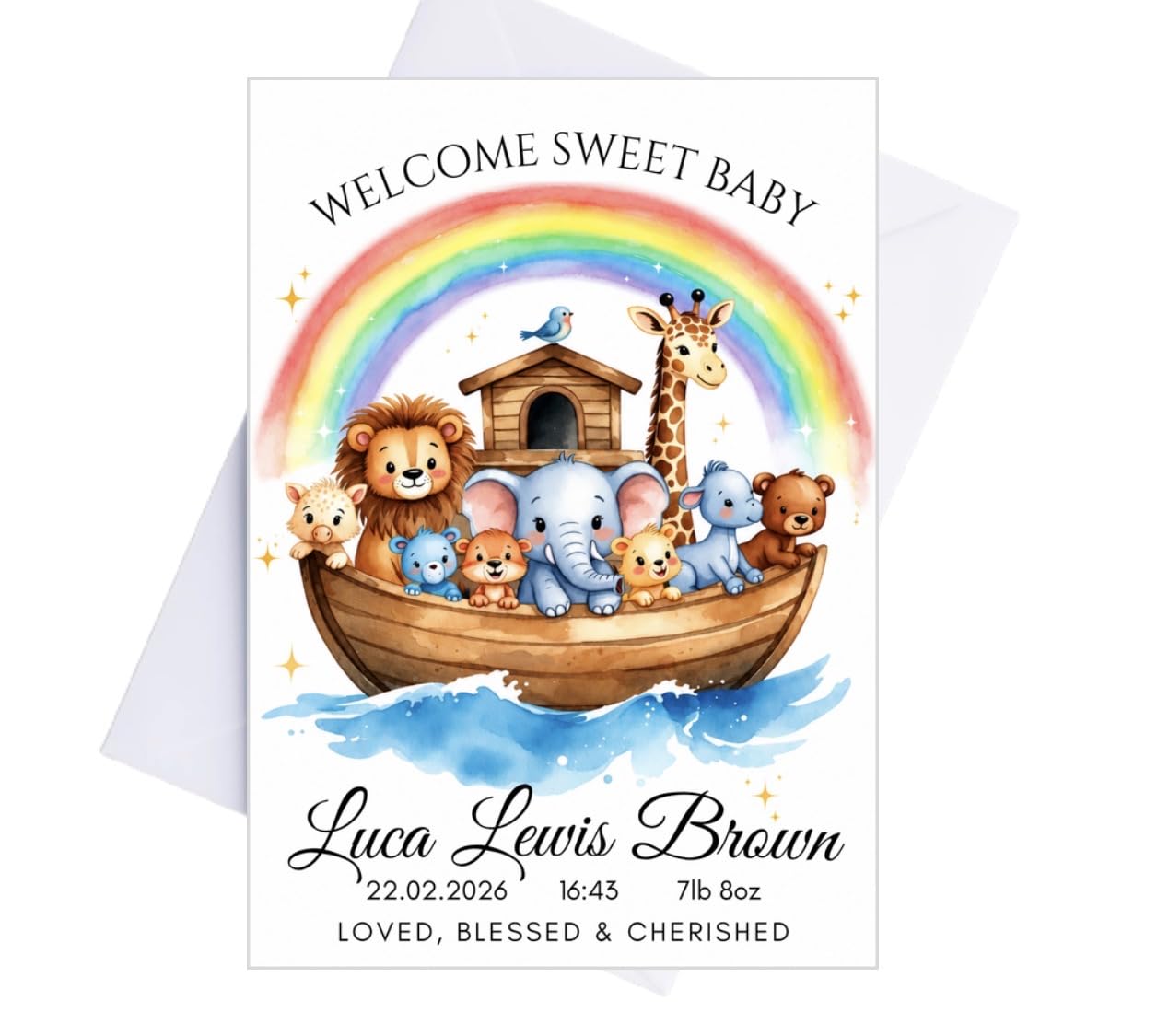 Personalised New Baby Boy Card – Custom Noah’s Ark Welcome Baby Greeting Card with Name, Date, Weight & Time, Personalised Newborn Keepsake Card, A5 Matte Card with Envelope