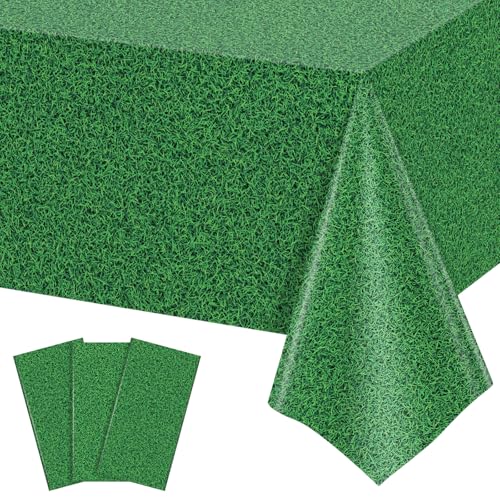 Image of 3 Pack Green Grass Field Plastic Tablecloth, 54 x 108 Inch Golf Table Cloth Disposable Tablecloths for Rectangle Tables Waterproof Sports Theme Table Cover for Golf Football Birthday Party Supplies