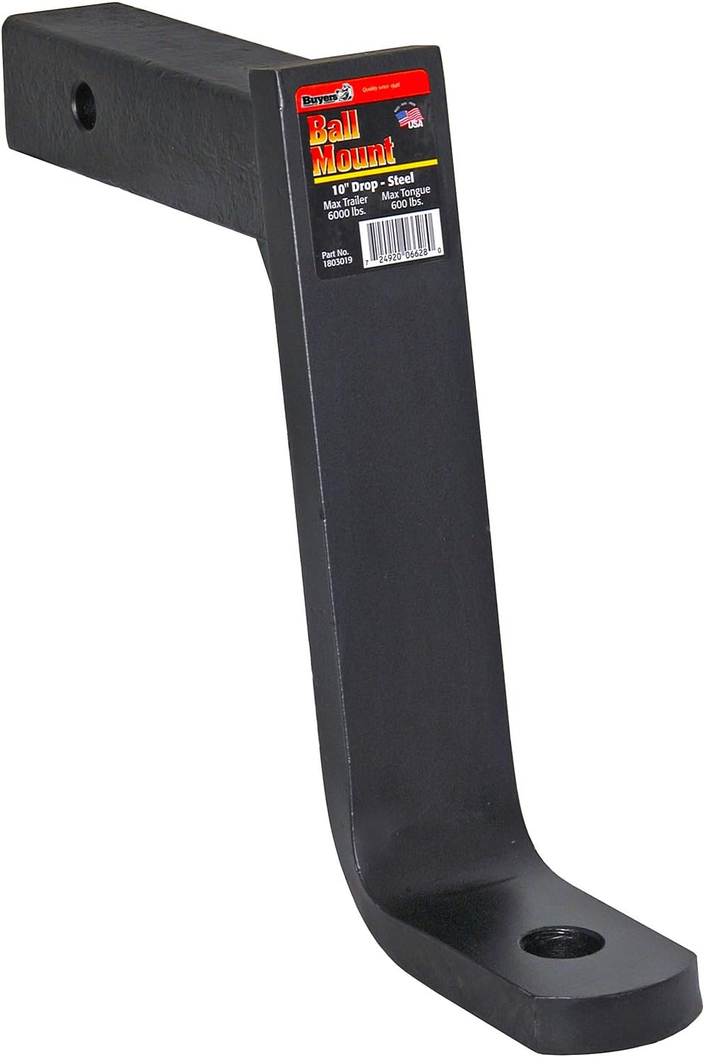 Buyers Products 1803017 Trailer Hitch Ball Mount, Fits 2-Inch Receiver, 8-Inch Drop, 6-3/4 Inch Rise, 10-Inch Long, 7,500 MGTW, 750 MVL, Accepts 1-Inch Diameter Shank Towing Balls, Black Powdercoat