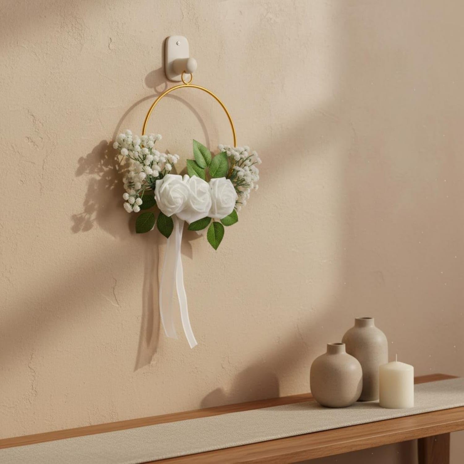 White Flowers Floral Hanging Wreath Gold Metal Flower Hoop Wreath Ribbon Streamers Wall Decor, a-image-12