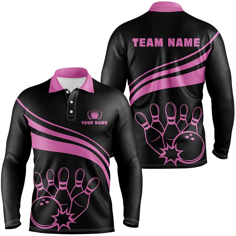 Schwarzes Männer & Frauen Bowling Trikot mit Polo & Viertelreißverschluss, Individuelles Team Jersey | Pink N6923