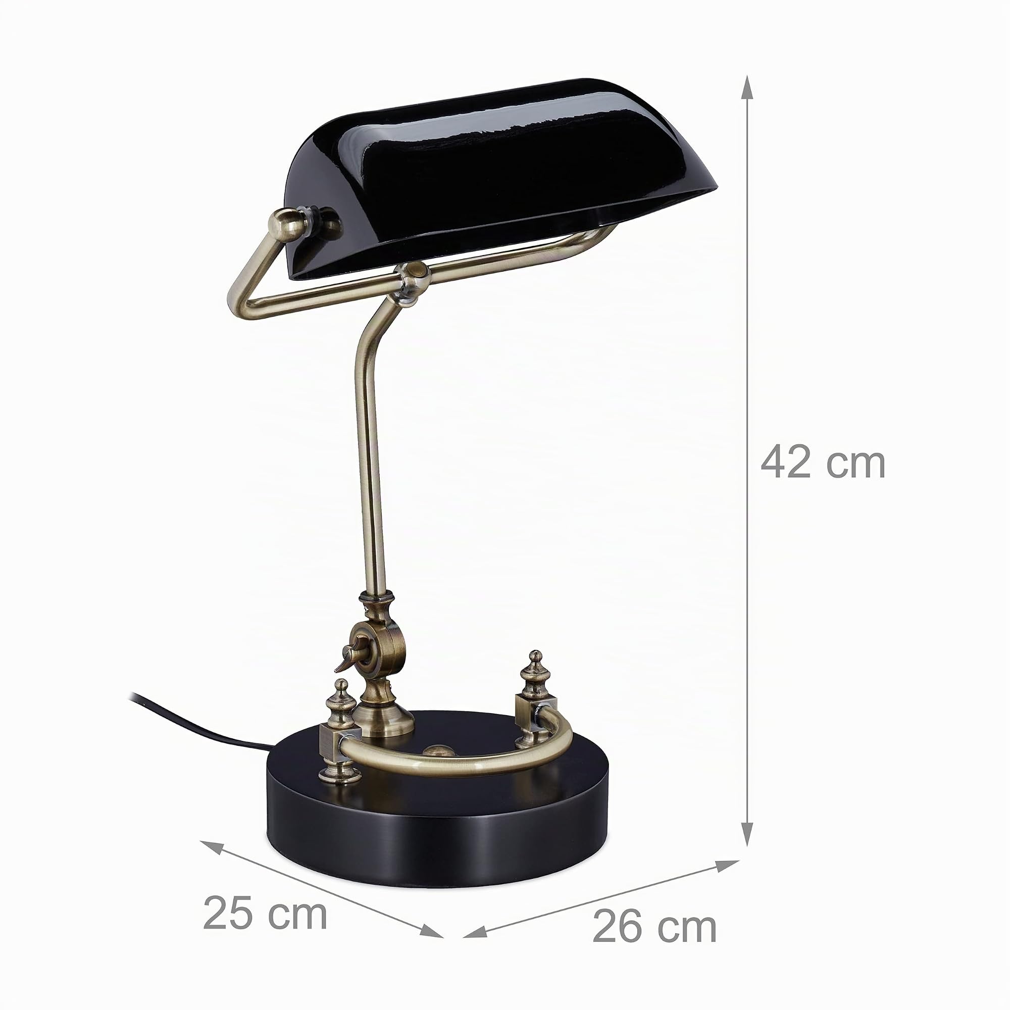 Relaxdays Lámpara Banquero Vintage, Tulipa Cristal Orientable, Madera, Luz Escritorio y Oficina, Rosca E27, Retro, Negro