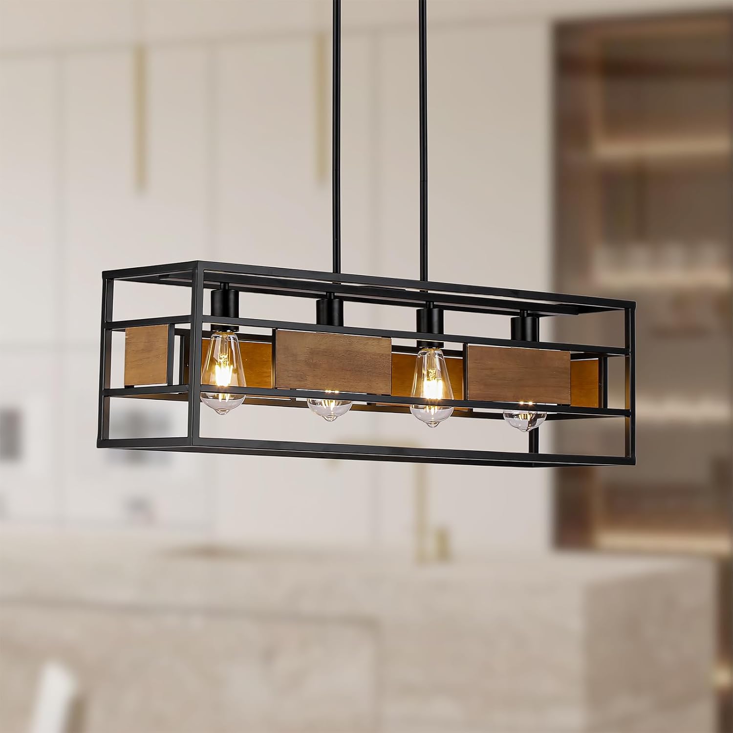 Farmhouse Dining Room Light Fixture Over Table, Black Pendant Lights Kitchen Island with Adjustable Height, Vintage Rustic Rectangle Chandeliers for Dining Room, 4-Light