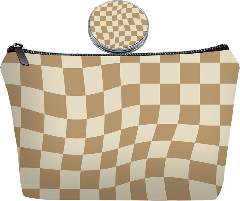 Kit de necessaire de maquiagem xadrez marrom-claro JIEXAGEZOS com espelho, Checkered Light Brown-2S, 2 peças
