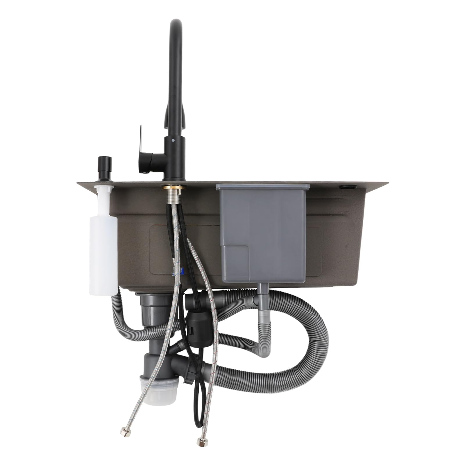 Fregadero de acero inoxidable 60 x 45 cm negro con grifo extraíble | 1 platillo, montaje empotrado, incluye tabla de cortar, lavabo interior, tubo de drenaje y dispensador de jabón