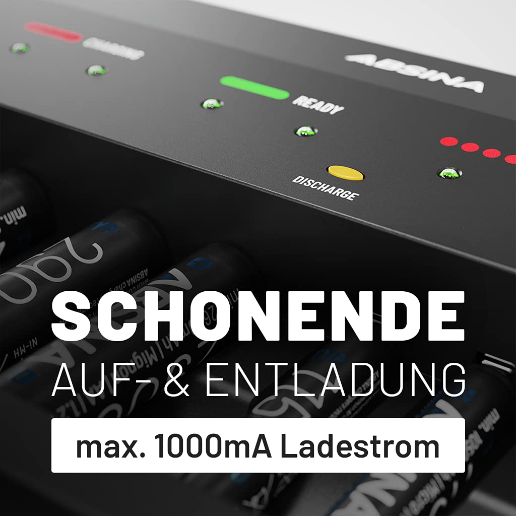 ABSINA Akku Ladegerät X10 für AA, AAA & 9V - Akkuladegerät 10-Fach zum Laden von wiederaufladbaren Akkus - NiMH Ladegerät Akku